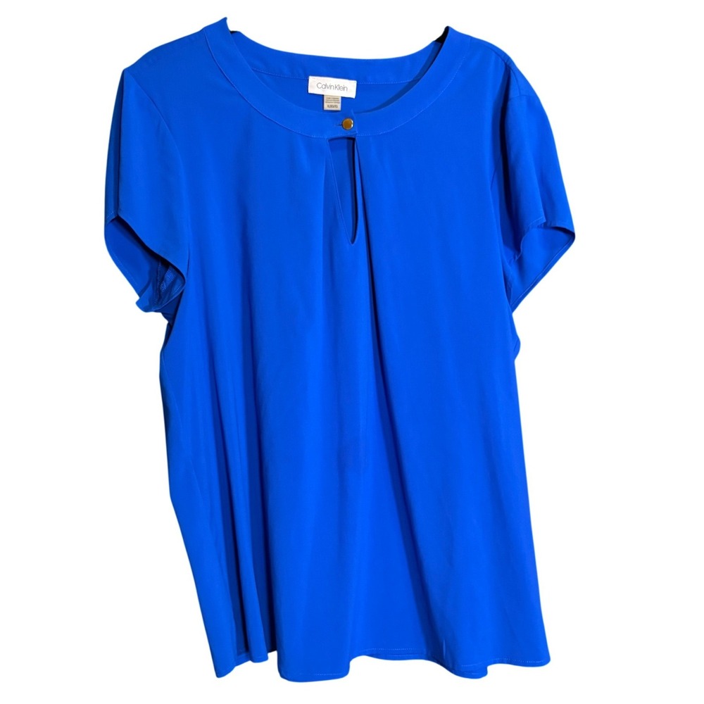 Calvin Klein Blouse Women XL Blue Good Keyhole Gold Button Cap Sleeve Top